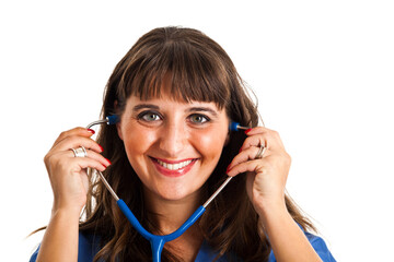 Fototapeta premium Cheerful female nurse with stethoscope