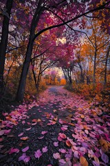 The fall foliage is beautiful along this path with colorful trees on both sides.