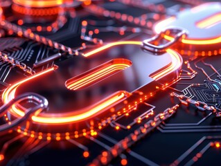 Fototapeta premium Futuristic glowing chain links on a circuit board, representing digital security and blockchain technology.