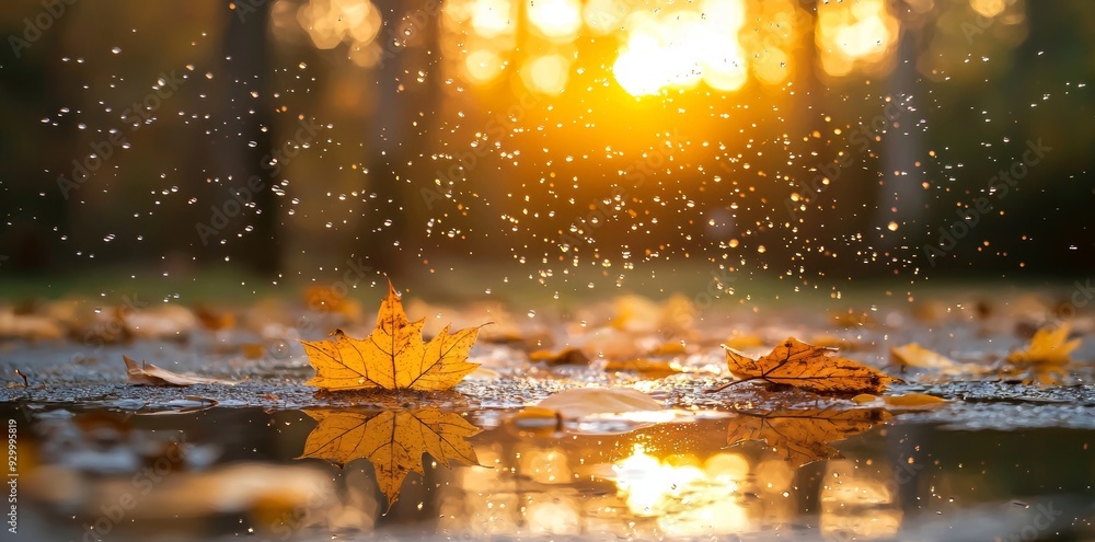 Poster Designed with red and yellow maple leaves and soft focus light and bokeh background to celebrate autumn season and end of the year activities