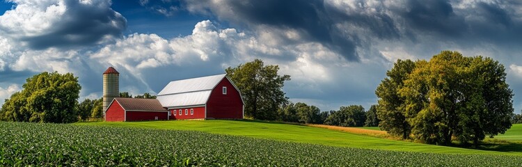 Obraz premium Panoramic photo of a red barn and white farmhouse on green farmland, with a blue sky and dark clouds.