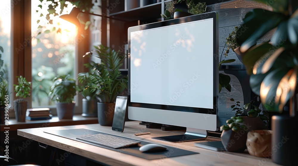 Aufkleber workspace, mockup computer pc isolated white screen on desk with smartphone, keyboard, mouse and wor