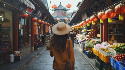 Fototapeta premium A woman strolling through a lively traditional market filled with food stalls, vibrant lanterns, and colorful goods, embracing cultural and sensory experiences.