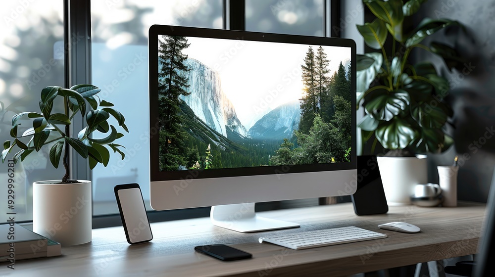 Aufkleber workspace, mockup computer pc isolated white screen on desk with smartphone, keyboard, mouse and wor
