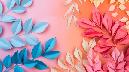 Artful arrangement of paper leaves in shades of blue and pink, set against a gradient background, showcasing craftsmanship and creativity.