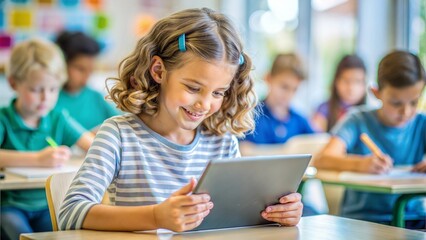 Smiling Girl Using Tablet for Learning in a Bright Classroom, Focused on Educational Content