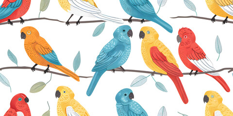 A lively pattern featuring colorful parrots perched on branches with leaves