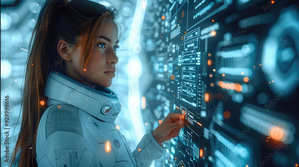 Aufkleber Woman using technology smart robot AI, artificial intelligence by enter command prompt for generates something, Futuristic technology transformation. Chat with AI. Generative AI.