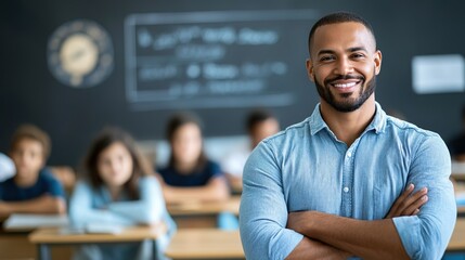 Obraz premium Smiling Teacher in Classroom Leading Interactive Lesson with Students