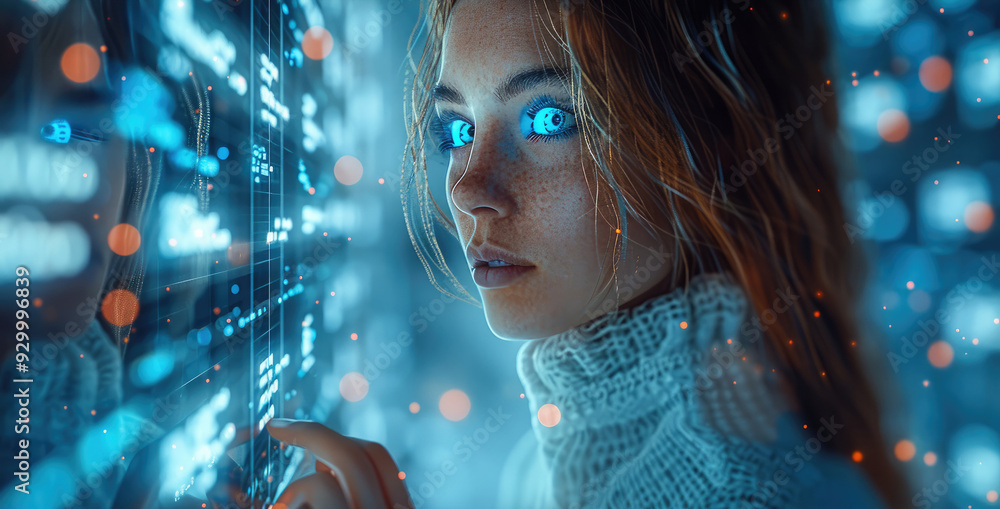 Aufkleber Woman using technology smart robot AI, artificial intelligence by enter command prompt for generates something, Futuristic technology transformation. Chat with AI. Generative AI.