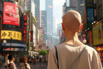 Obraz premium A young person walks through a vibrant city crowded with advertisements and people under the clear daylight sky