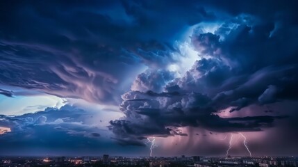 Fototapeta premium Dramatic sky filled with dark storm clouds, illuminated by flashes of lightning, creating a powerful and awe-inspiring scene over a cityscape.