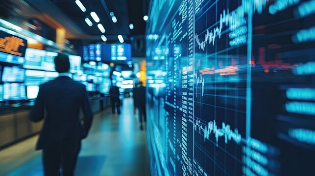 The hectic energy of a trading floor with financial data on screens, traders in motion, and stock prices changing rapidly on monitors.