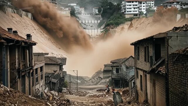 Seismic hazard aftermath: collapsing houses, broken dam, mudslide submerges streets, destruction path. Urgent danger evident.