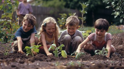 A group of smiling children enthusiastically planting seedlings in a garden on a sunny day, engaged in outdoor activities.