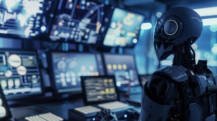 A robot engages with multiple monitors in a dimly lit, high-tech control room, reflecting the complexities and advancements of AI and data handling.