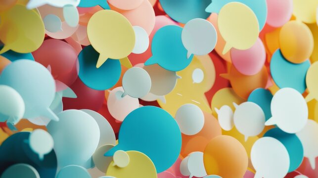A colorful, abstract array of speech bubbles in various sizes overlapping each other against a vibrant background.