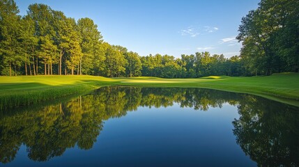 Fototapeta premium The still waters of a pond create a mirror-like reflection of a lush golf course, capturing a moment of calm and beauty.
