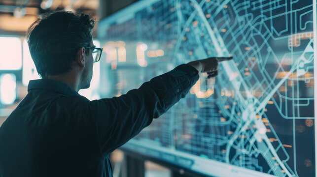 An individual pointing at a digital urban map on a large display, representing advanced technology and city navigation.