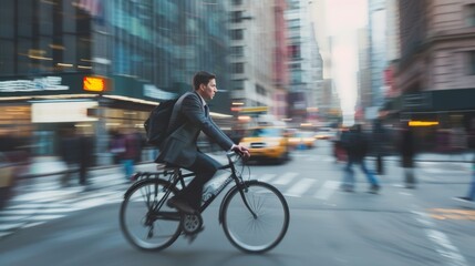 A businessman wearing a suit rides a bicycle through a busy city street, blending corporate life with an eco-friendly commute.