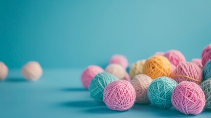 Pastel-colored balls of yarn are scattered on a blue background, creating a serene and creative scene that evokes the coziness of knitting.