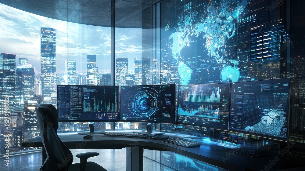 Poster a conceptual workspace featuring a multi-screen setup