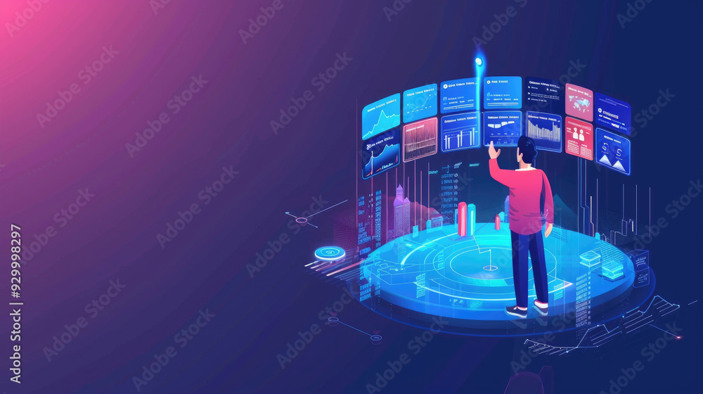 Poster a person engages with interactive data displays in a modern digital environment at night