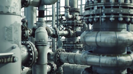 Obraz premium A close-up view of complex metallic pipes and valves in an industrial setting, highlighting the intricate and robust nature of industrial engineering.