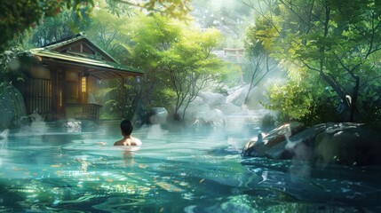 A man is swimming in a pond with a house in the background