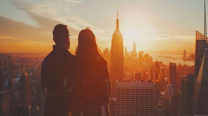 A couple gazes at the sunset over a bustling cityscape, illuminated by the golden glow of the evening sun, capturing a moment of togetherness.