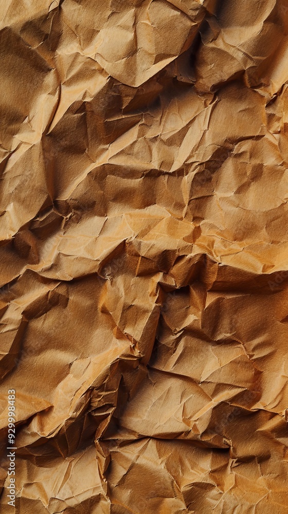 Poster the close-up reveals the detailed texture and patterns of crumpled brown paper, displaying folds and