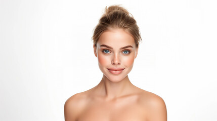 Fototapeta premium A beautiful young Scandinavian woman with an infectious smile, exuding confidence and grace. Her fresh, glowing skin is complemented by her soft, natural makeup, highlighting her features.