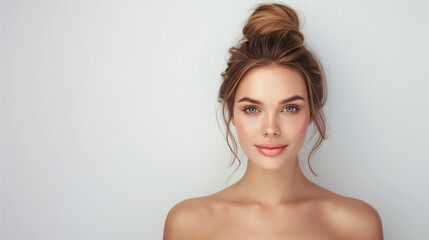 Fototapeta premium A beautiful young woman with a flawless complexion, radiating elegance and simplicity, with a serene expression and soft features.