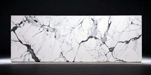A large white marble slab with black and white swirls