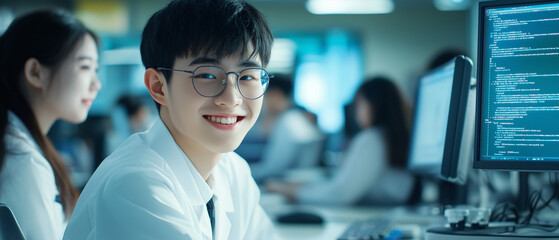 smiling male and female Chinese high school students in computer science and engineering, colorful tones, bright, hd detail, award-winning composition, film still,cinematic scene ,photorealistic, 