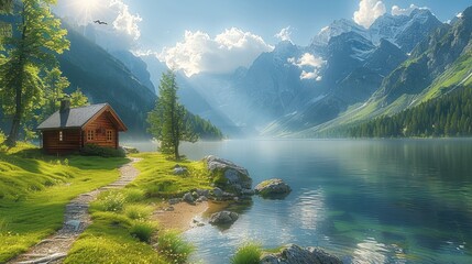 A beautiful cabin in the mountains by lake, green grass and trees, path leading to it, sun shining through clouds. Generative AI.