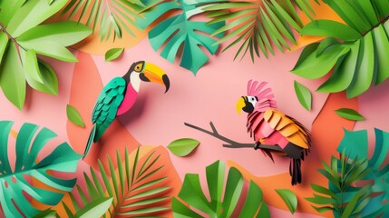 Naklejka premium Vibrant paper art of two exotic birds amidst lush green foliage, creating a dynamic and lively tropical scene against a soft pink background.