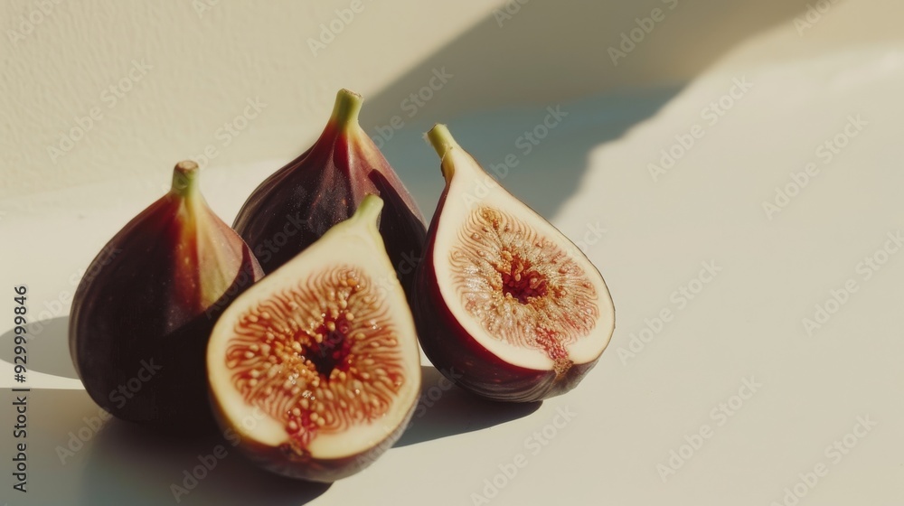 Wall mural A trio of ripe figs, two cut open revealing their intricate seeds, bathed in warm sunlight against a minimalist background.