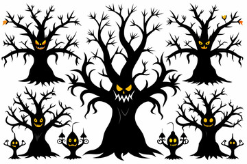 haunted trees silhouette collection of Halloween vector illustrations on white background. scary plant element