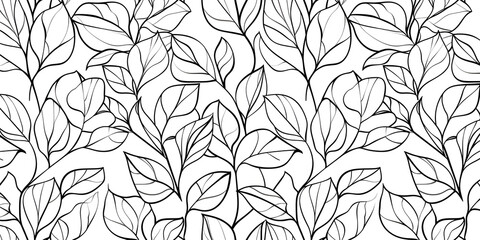 A detailed monochrome pattern featuring various leaf shapes in a hand-drawn style