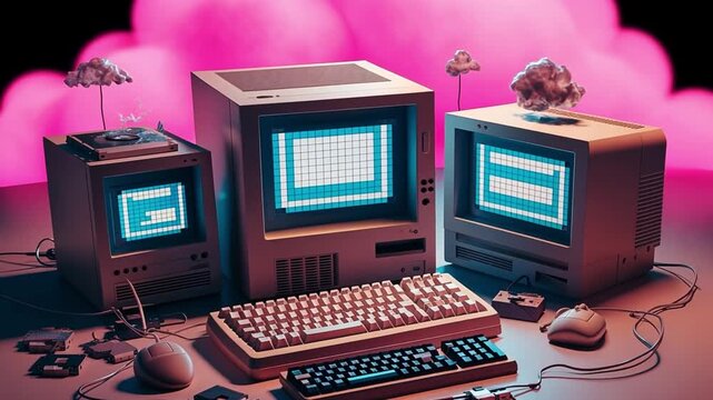 Vintage 1980s computer setup depicted in a stylized 3D render with nostalgic elements like chunky keyboards and pixelated screens. Great for retro campaigns and tech history projects.