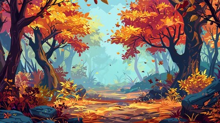 Autumn forest with colorful leaves and a fire burning among the trees