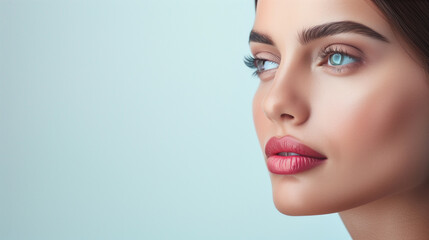 Fototapeta premium Close-up portrait of a model with natural makeup and clear blue eyes, emphasizing beauty and flawless skin.
