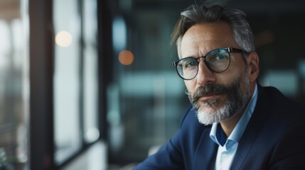 Fototapeta premium A bearded man with glasses in a professional setting looks into the camera with a subtle smile, exuding warmth and approachability.