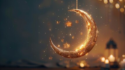 Muslim feast of the holy month of Ramadan Kareem. Realistic hanging golden metal crescent with stars. Ramadan Kareem holiday background. Generative AI.