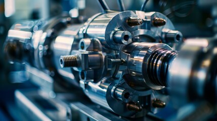 Fototapeta premium Gleaming, complex machinery with reflective metallic surfaces and intricate components highlights engineering precision and advanced technology.