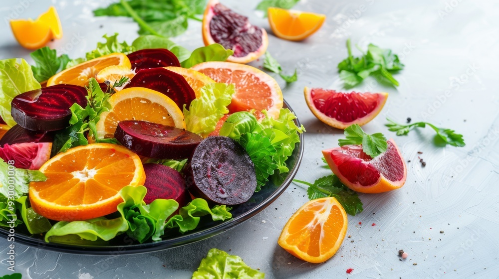 Sticker A vibrant salad with orange and beet slices alongside mixed greens, artfully arranged on a textured surface, bursting with color and flavor.