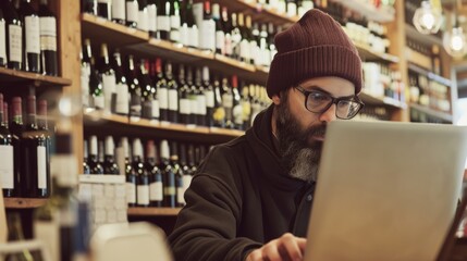 Obraz premium Man with a beanie hat working on a laptop in a cozy wine shop, bottles stacked neatly on wooden shelves around him.