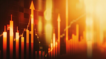 Abstract financial chart with upward arrows, symbolizing growth and progress in a vibrant, energetic backdrop with warm-toned gradients.