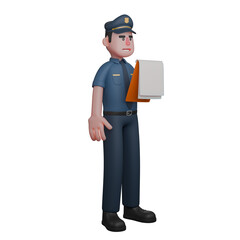 Illustrated 3D Policeman. A police officer is holding several files or documents in his hands with a serious and attentive expression. Male Authority Figure